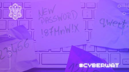 Cykl #cyberWAT. Zdjęcia haseł zapisanych na kartkach i ułożonych na klawiaturze.