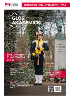 Okładka listopadowego numeru „Głosu Akademickiego". Młody żołnierz w mundurze z czasów powstania listopadowego stoi obok pomnika Piotra Wysockiego. Przed sobą trzyma karabin z bagnetem